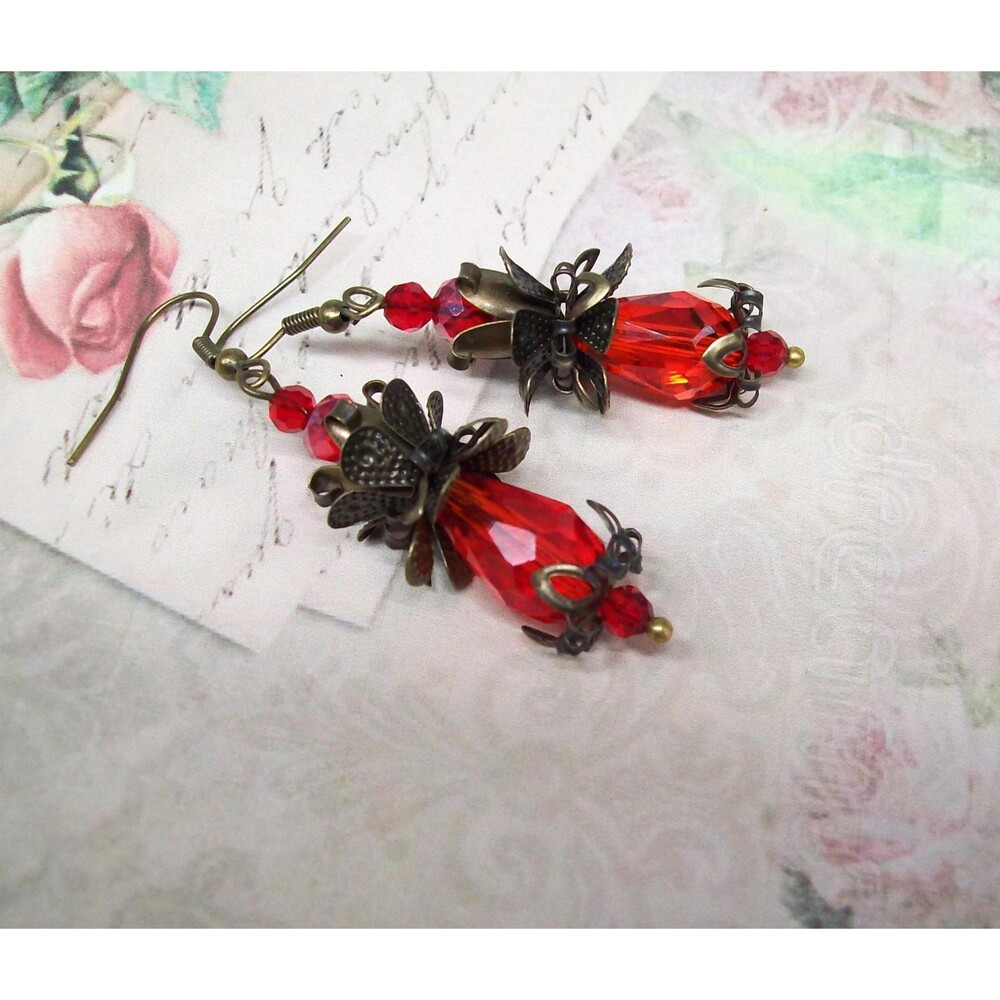 Gothic Red Crystal Jewelry Set, Vintage Style Romantic Statement Earrings & Neck